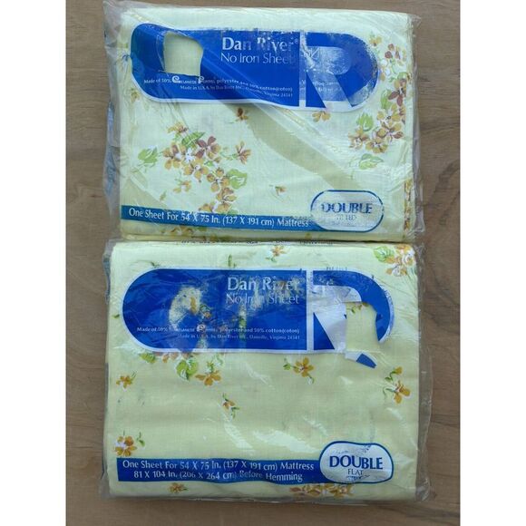VTG Dan River Double Fitted & Flat Sheet Yellow Floral "Les Violettes"NIP @READ@ - Picture 1 of 8